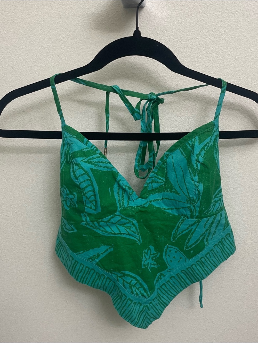 Free People Green and Blue Tropical Leaf-Print Tie Back Cropped Camisole Top